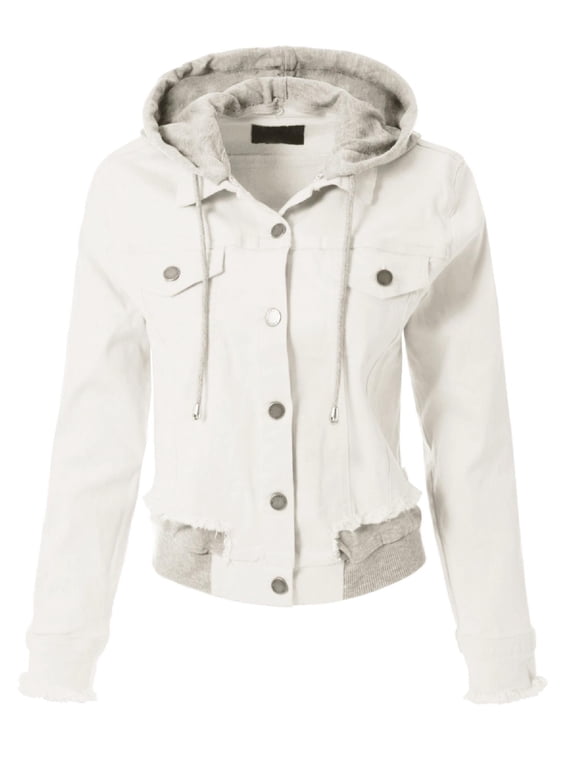 Women's Raw Cut Drawstring Hooded Trucker Color Jean Jacket