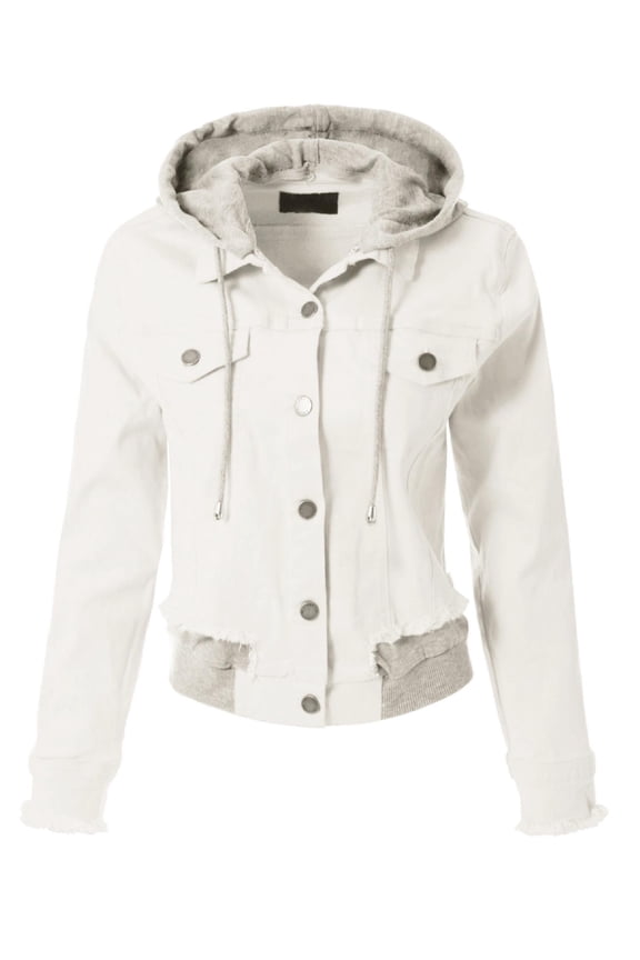 Women's Raw Cut Drawstring Hooded Trucker Color Jean Jacket