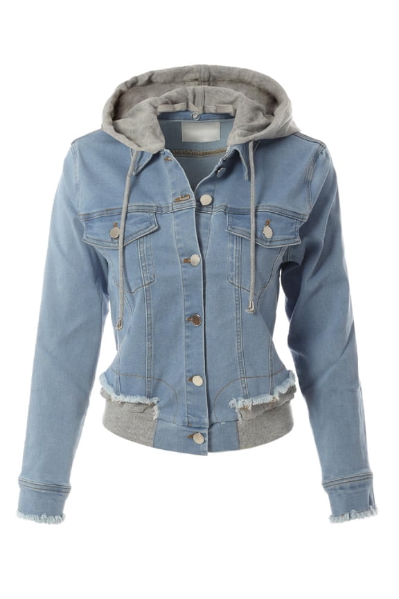 Women's Raw Cut Drawstring Hooded Trucker Color Jean Jacket