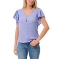 thumbnail image 1 of Made by Olivia Women's Ruffle Short Sleeve Button Down V- neck Textured Knit Top, 1 of 5