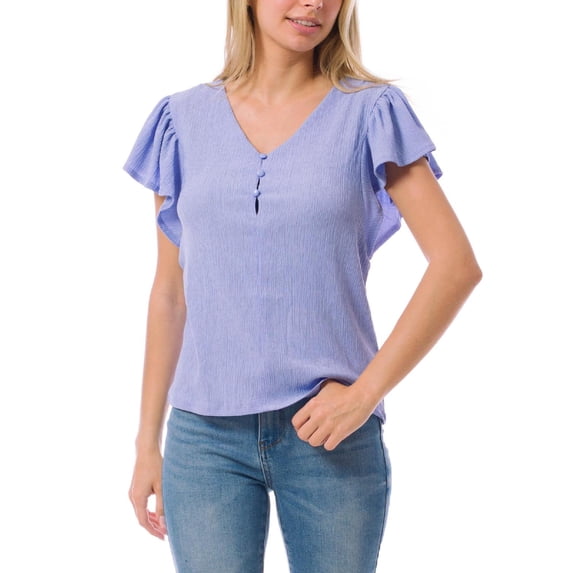 Made by Olivia Women's Ruffle Short Sleeve Button Down V- neck Textured Knit Top