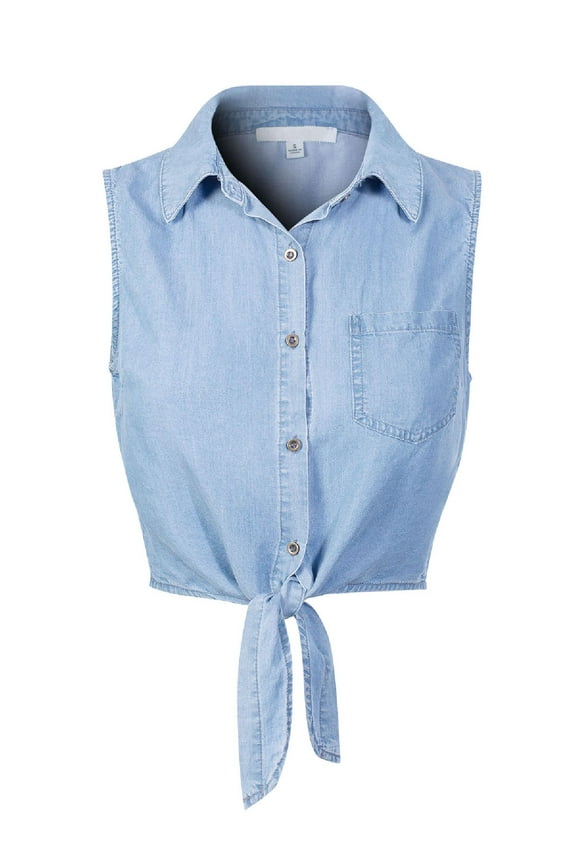 Women's Sleeveless Button-Down Tie Front Knot Crop Chambray Shirt