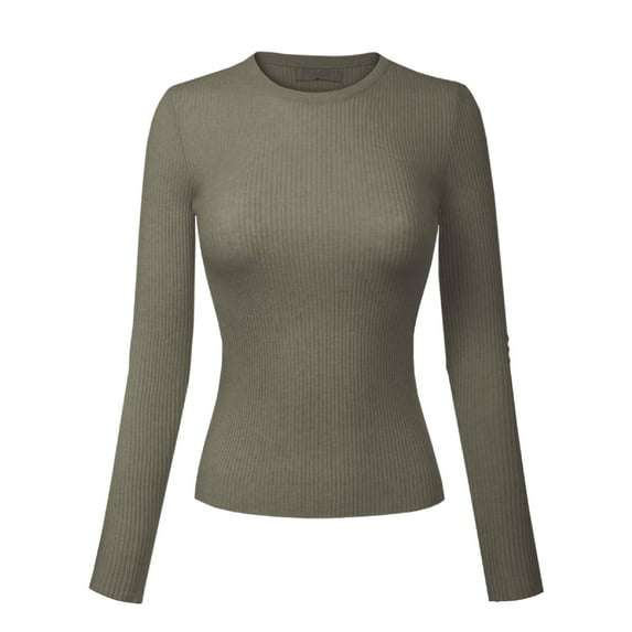 Made by Olivia Women's Solid Long Sleeve Crew Neck Fitted Ribbed Sweater Top