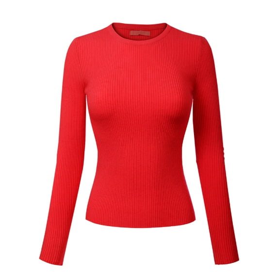 Made by Olivia Women's Solid Long Sleeve Crew Neck Fitted Ribbed Sweater Top
