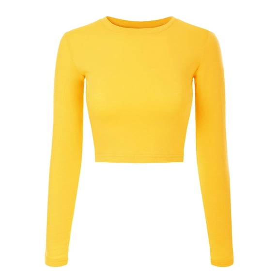 Made by Olivia Women's Solid Long Sleeve Round Neck Crop T Shirt Top