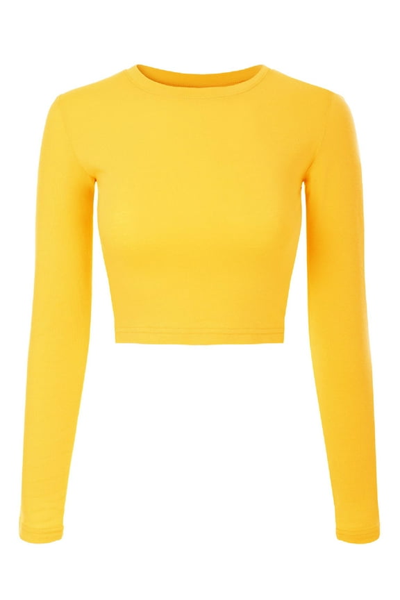 Women's Solid Long Sleeve Round Neck Crop T Shirt Top