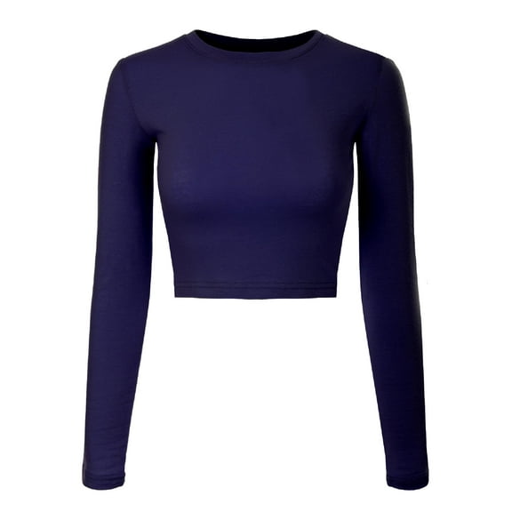 Made by Olivia Women's Solid Long Sleeve Round Neck Crop T Shirt Top