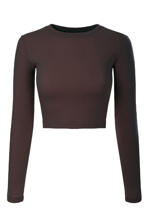 Women's Solid Long Sleeve Round Neck Crop T Shirt Top