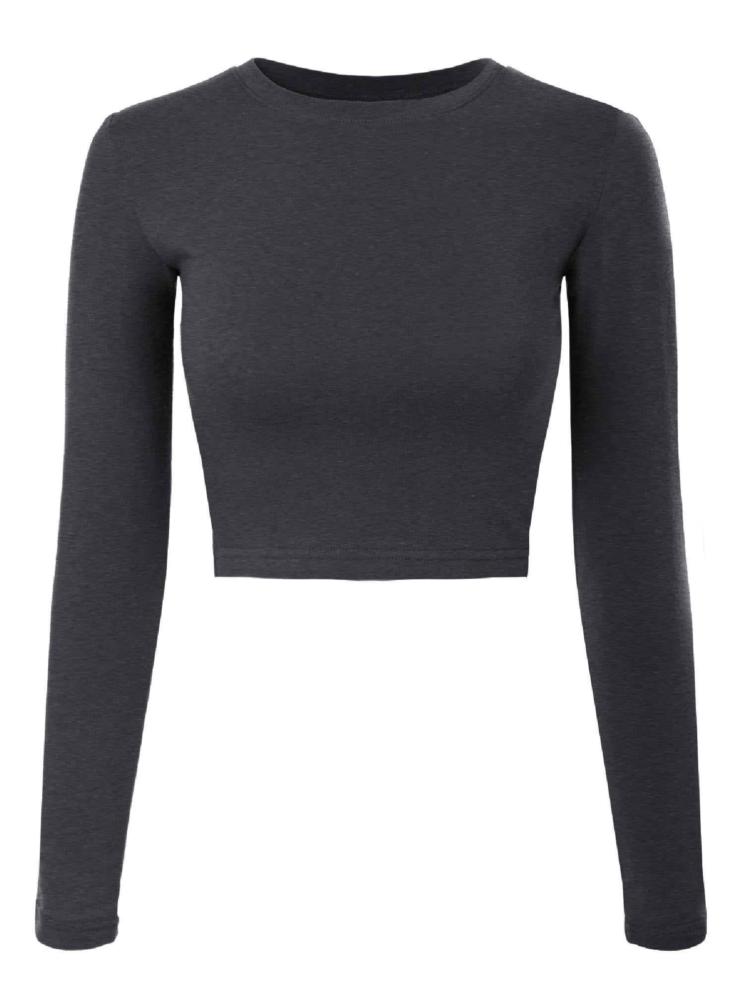 Made by Olivia Women's Solid Long Sleeve Round Neck Crop T Shirt Top 