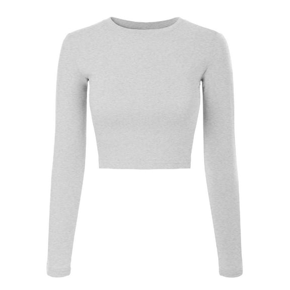 Made by Olivia Women's Solid Long Sleeve Round Neck Crop T Shirt Top