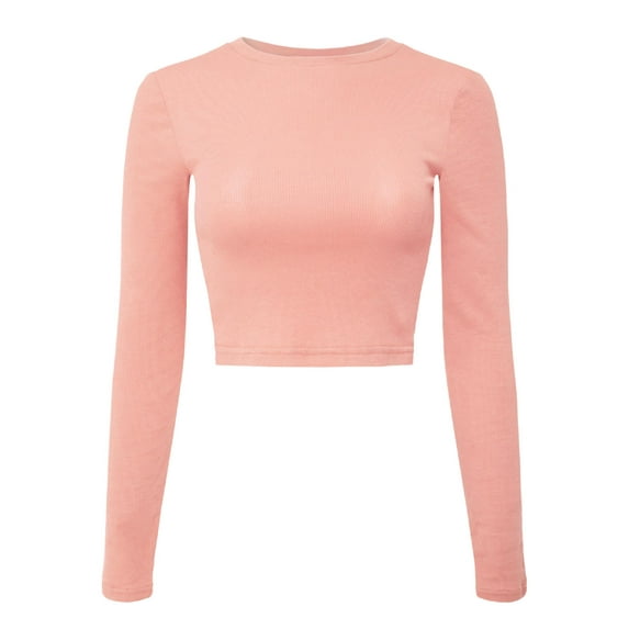 Made by Olivia Women's Solid Long Sleeve Round Neck Ribbed Fitted Crop Top