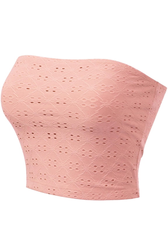 Women's Solid Textured Knit Eyelet Bandeau Tube Top