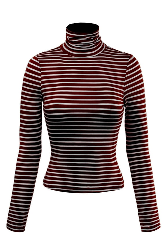 Women's Tight Fit Lightweight Solid/Stripe Long Sleeves Turtle Neck Crop Top