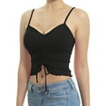 thumbnail image 1 of Made by Olivia Women's Tunnel Drawstring Front Tie Ribbed Strap Ruffle Hemmed Cropped Length Cami Top, 1 of 4