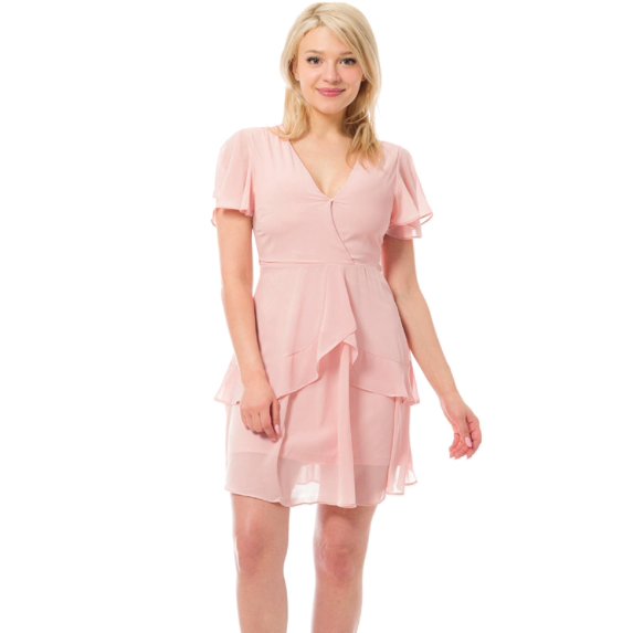 Made by Olivia Women's V Neck Flutter Sleeve Ruffled Chiffon Dress