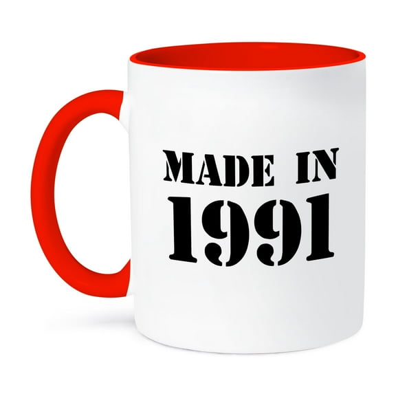 3dRose, Made in 1991 - funny birthday birth year text - fun black bday stamp with year you were born - humor, 15oz Two-Tone Red Mug
