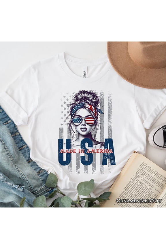 Made in America Messy Bun T-Shirt, Retro 4th of July White Patriotic Tee