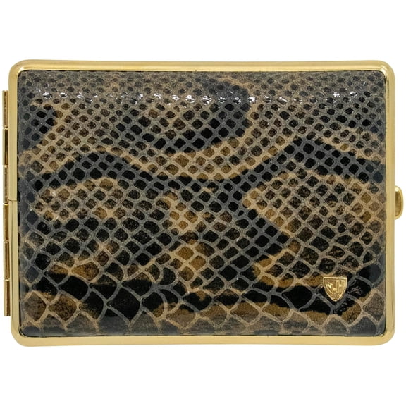 Made in Germany Genuine Leather Gold Plated Cigarette Case (18 100s) with Elastic Bands (Brown Snake)
