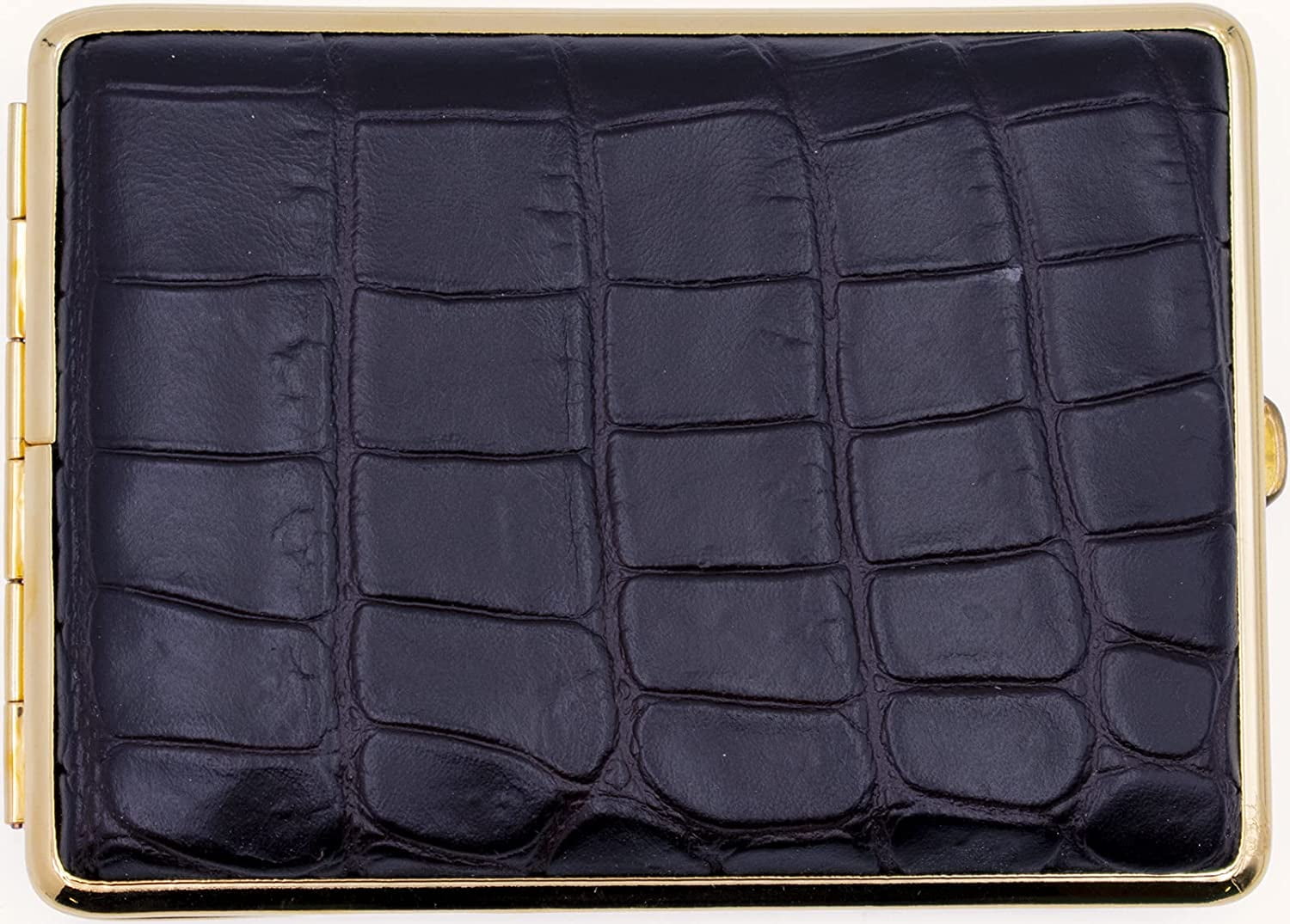 Made in Germany Genuine Leather Gold Plated Cigarette Case (18 100s) with Elastic Bands (Crocodile Black - Embossed)