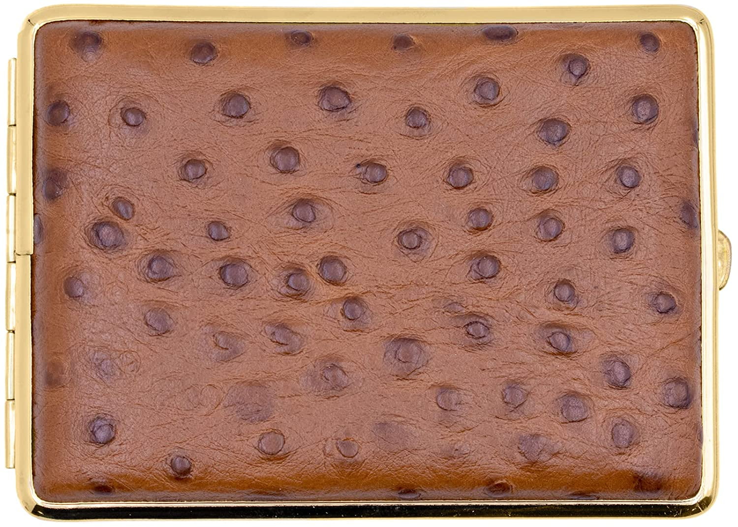 Made in Germany Genuine Leather Gold Plated Cigarette Case (18 100s) with  Elastic Bands (Ostrich Brown - Embossed)