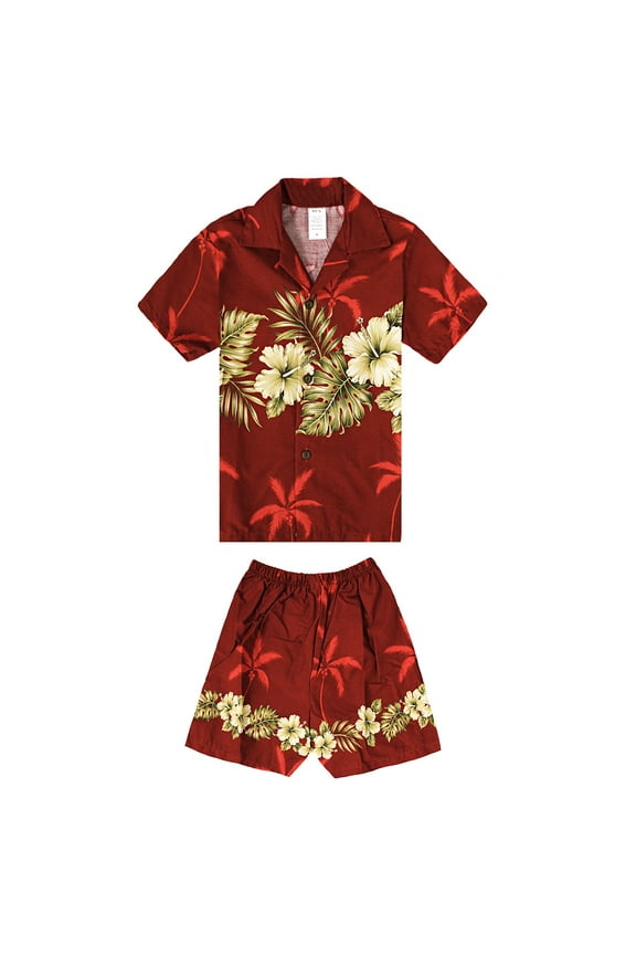 Made in Hawaii Luau Aloha Shirt and Shorts Boy Cabana Set Gloden Hibiscus Cross in Various Colors