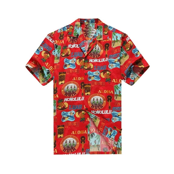 Made in Hawaii Men's Hawaiian Shirt Aloha Shirt S Hula Girls Ukulele Tiki Fish in Red
