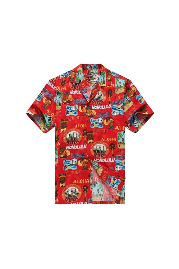 Made in Hawaii Men's Hawaiian Shirt Aloha Shirt S Hula Girls Ukulele Tiki Fish in Red