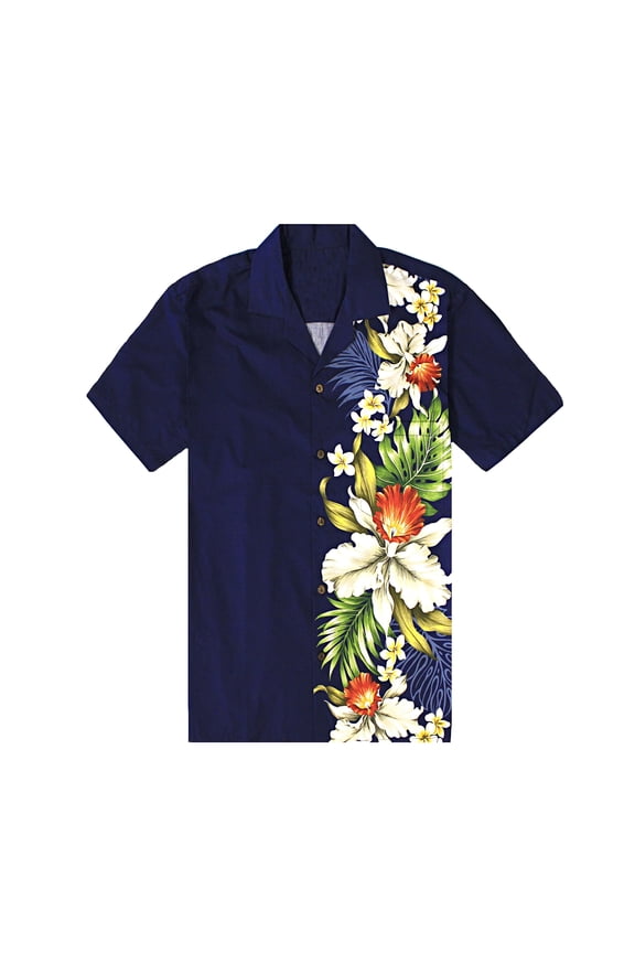 Made in Hawaii Men's Hawaiian Shirt Aloha Shirt Side Floral ORchid Navy