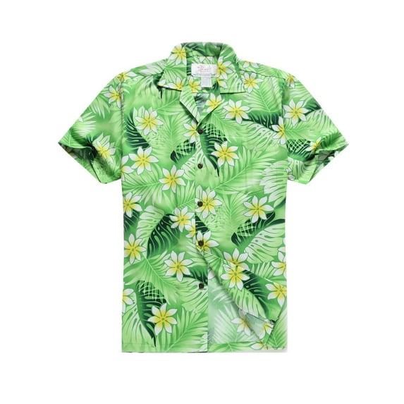 Made in Hawaii Men's Hawaiian Shirt Aloha Shirt in Classic Leaves with Plumeria in Green S