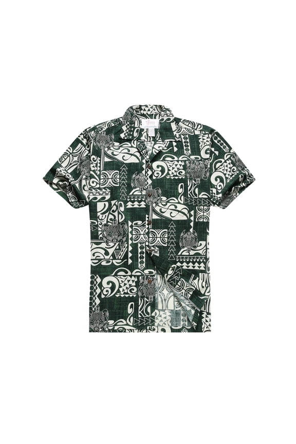 Made in Hawaii Men's Hawaiian Shirt Aloha Shirt in Classic Patch Turtles in Green M
