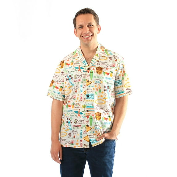 Made in Hawaii Men's Hawaiian Shirt Aloha Shirt in Palms Logos Surfers Road to HAna Rainbows in Cream M