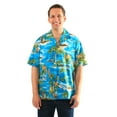 thumbnail image 1 of Made in Hawaii Men's Hawaiian Shirt Aloha Shirt in Palms Surfers Bird of Paradise in Red M, 1 of 4