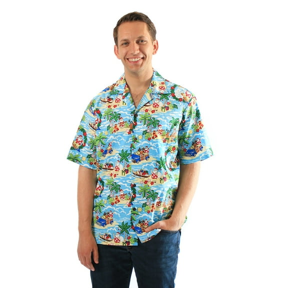 Made in Hawaii Men's Hawaiian Shirt Aloha Shirt in Santa in Hawaii Christmas In Hawaii in Blue L