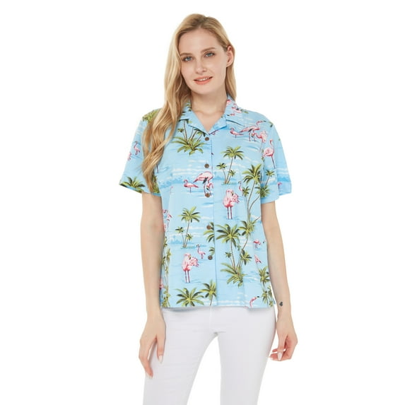Made in Hawaii Women's Hawaiian Lady Aloha Shirt in Pink Flamingo Palm Turquoise