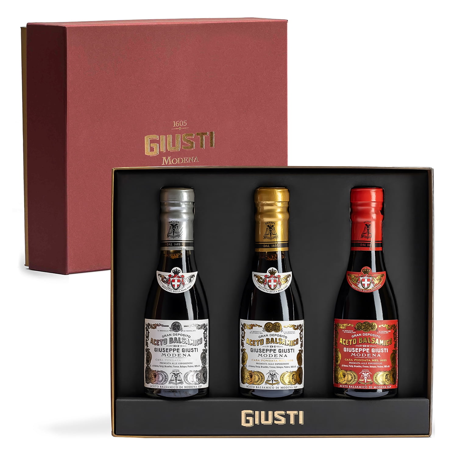 Giusti Trio of Italian Balsamic Vinegar of Modena Gift Box, Collection of 3 IGP Certified Aceto Balsamico, Artisanal Condiments Imported from Italy