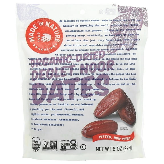 Made in Nature, Organic Dried Deglet Noor Dates, Ooh-La-Luscious Supernacks, 8 oz Pack of 3
