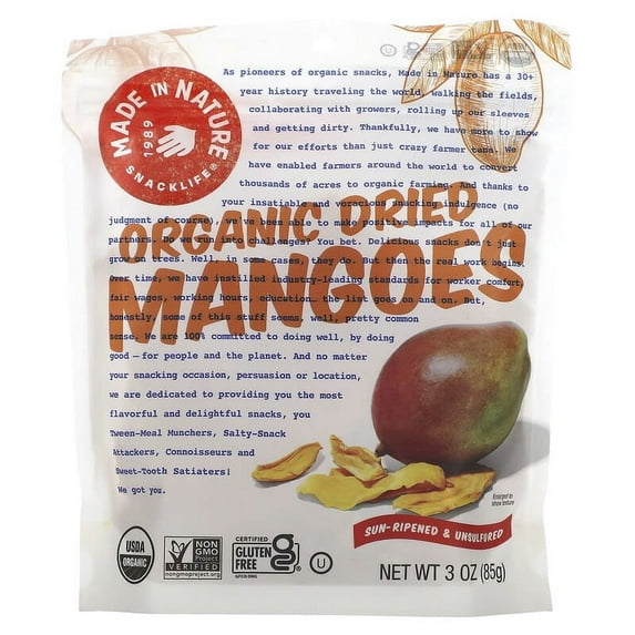 Made in Nature, Organic Dried Mangoes, Sour-Ripened & Unsulfured, 3 oz Pack of 3