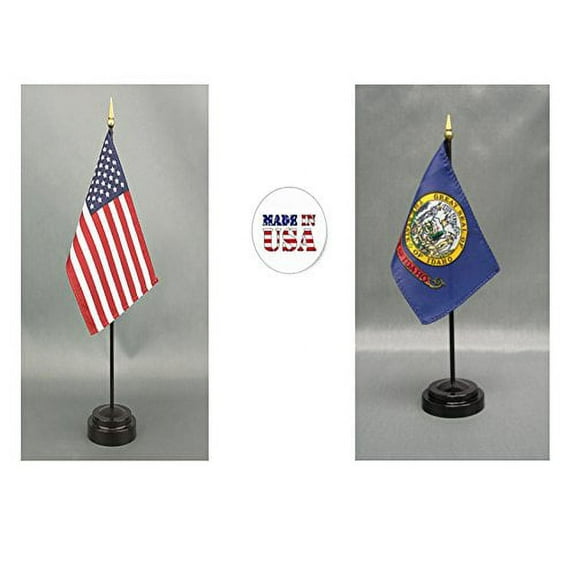 Made in The USA. 1 American and 1 Idaho 4"x6" Miniature Desk & Table Flag, Includes 2 Flag Stands & 2 Small Mini Stick Flags