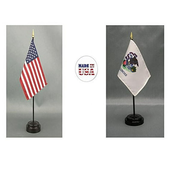 Made in The USA. 1 American and 1 Illinois 4"x6" Miniature Desk & Table Flag, Includes 2 Flag Stands & 2 Small Mini Stick Flags