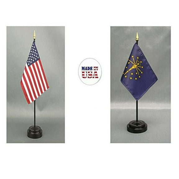 Made in The USA. 1 American and 1 Indiana 4"x6" Miniature Desk & Table Flag, Includes 2 Flag Stands & 2 Small Mini Stick Flags