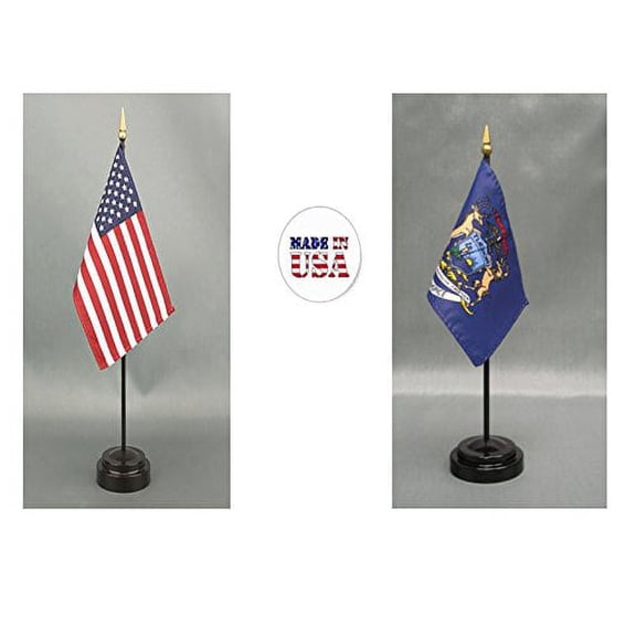 Made in The USA. 1 American and 1 Michigan 4"x6" Miniature Desk & Table Flag, Includes 2 Flag Stands & 2 Small Mini Stick Flags