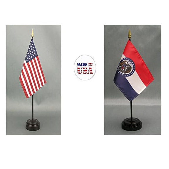 Made in The USA. 1 American and 1 Missouri 4"x6" Miniature Desk & Table Flag, Includes 2 Flag Stands & 2 Small Mini Stick Flags