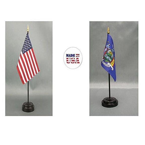 Made in The USA. 1 American and 1 New York 4"x6" Miniature Desk & Table Flag, Includes 2 Flag Stands & 2 Small Mini Stick Flags
