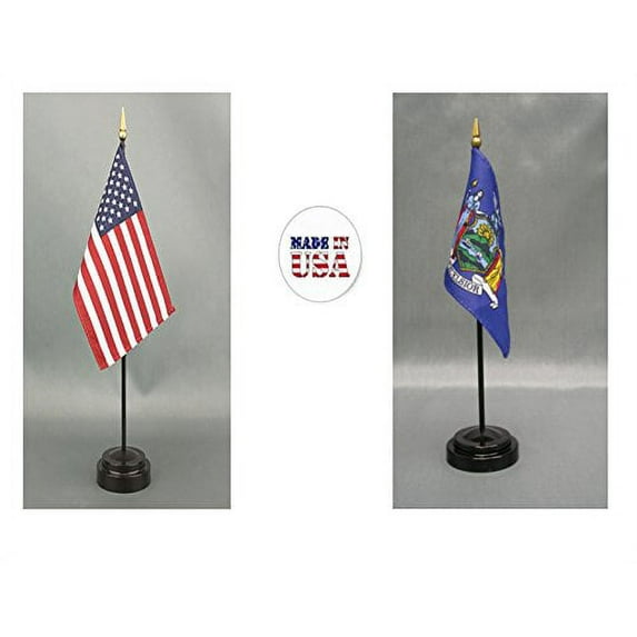 Made in The USA. 1 American and 1 New York 4"x6" Miniature Desk & Table Flag, Includes 2 Flag Stands & 2 Small Mini Stick Flags