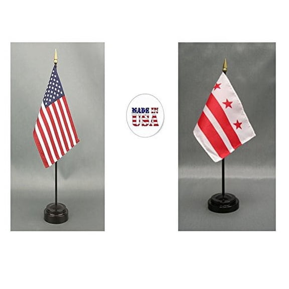 Made in The USA. 1 American and 1 Washington DC 4"x6" Miniature Desk & Table Flag, Includes 2 Flag Stands & 2 Small Mini Stick Flags