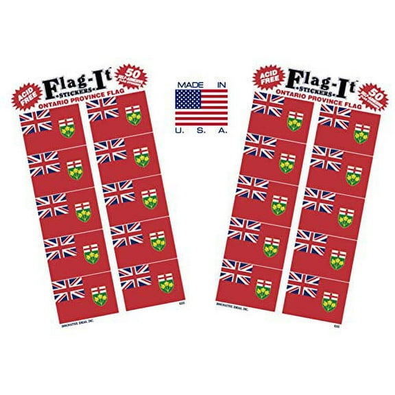 Made in The USA! 2 Packs of Flag-It Ontario Flag Stickers, 100 Ontario Sticker Decals