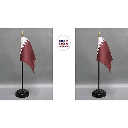 Made in The USA. 2 Qatar Rayon 4"x6" Miniature Office Desk & Little Hand Waving Table Flags Includes 2 Flag Stands & 2 Small Mini Qatari Stick Flags