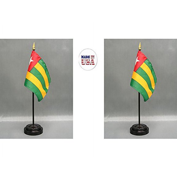 Made in The USA. 2 Togo Rayon 4"x6" Miniature Office Desk & Little Hand Waving Table Flags Includes 2 Flag Stands & 2 Small Mini Togolese Stick Flags