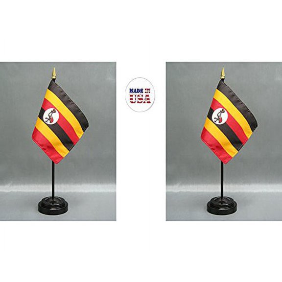 Made in The USA. 2 Uganda 4"x6" Miniature Office Desk & Little Hand Waving Table Flags Includes 2 Flag Stands & 2 Ugandan Small Mini Stick Flags