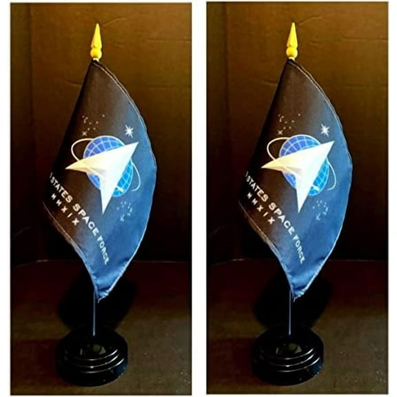 Made in The USA. 2 United States Space Force 4"x6" Miniature Desk & Table Flags Includes 2 Flag Stands & 2 Small Mini Stick Flags